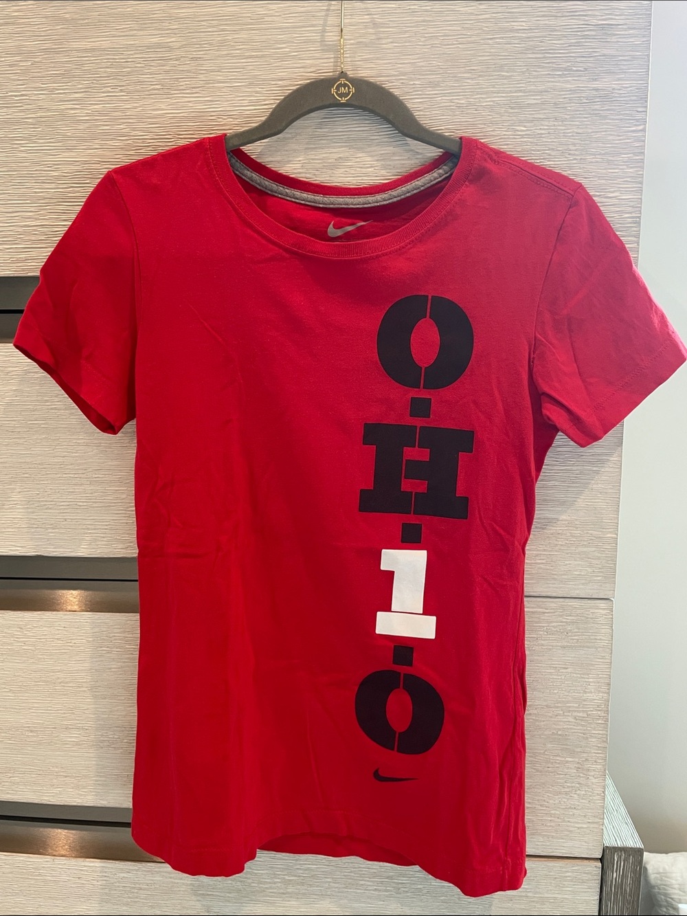 Ohio State Nike Red Tee with Vertical OHIO Graphic and Logo on back